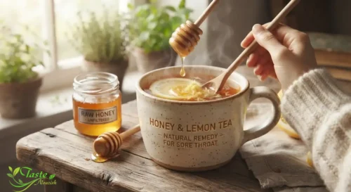 Fresh ginger and honey being mixed into warm tea for cough relief
