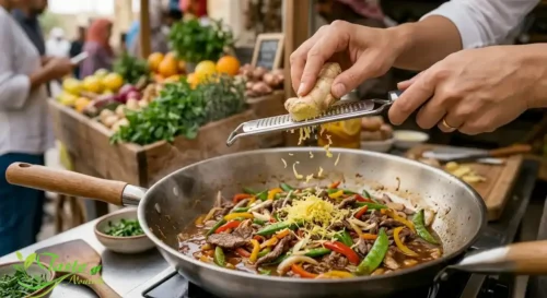Fresh ginger being grated into a stir-fry pan