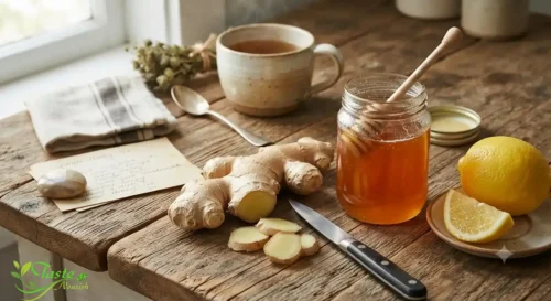 Fresh ginger root, honey jar, and lemon ingredients for ginger honey tea recipe