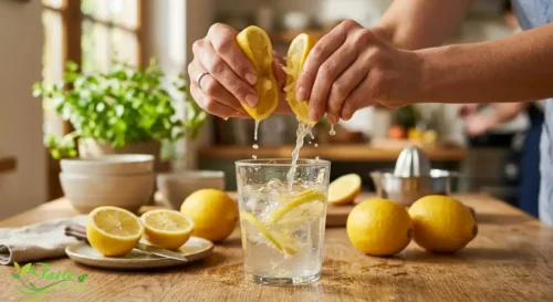 Fresh lemon halves being squeezed into a glass of water