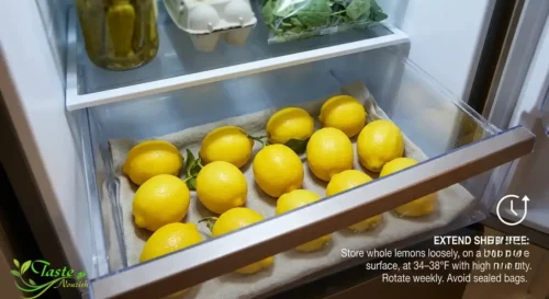 Lemon Nutrition Facts:  Fresh lemons stored in a refrigerator crisper drawer to extend shelf life