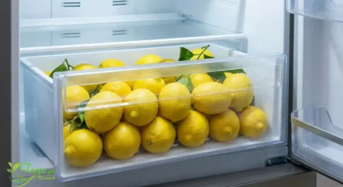 Fresh lemons stored in a refrigerator produce drawer for skincare and cooking