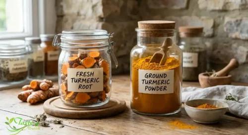 Turmeric for Weight Loss: Fresh turmeric root and ground turmeric powder stored in labeled glass jars