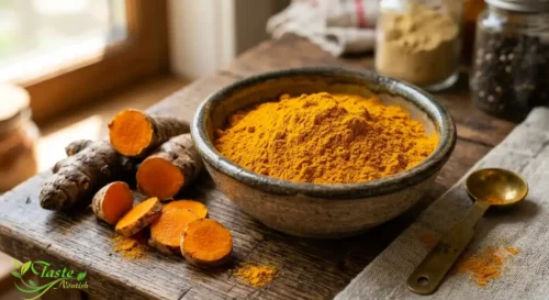 Fresh turmeric root sliced open next to ground turmeric powder