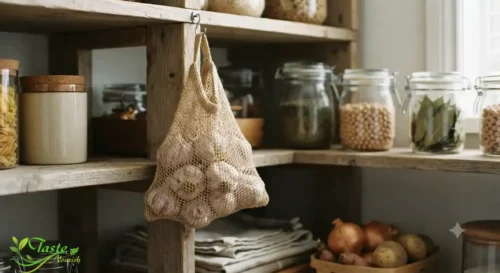Benefits of Garlic: Garlic bulbs stored in a mesh bag in a cool, dry pantry