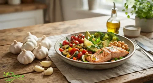 Garlic Nutrition Facts: Garlic cloves next to a heart-healthy meal with olive oil and vegetables