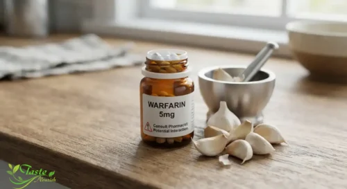 Garlic Side Effects: Garlic cloves next to a pill bottle representing medication interaction