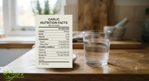 Garlic on an Empty Stomach: Garlic nutrition facts chart showing calories, protein, and vitamin content per 100 grams
