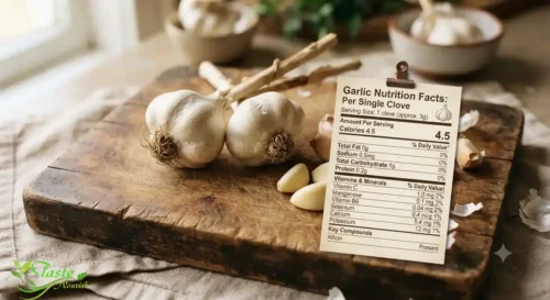 Garlic nutrition facts chart showing calories, vitamins, and minerals per clove