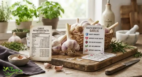 Benefits of Garlic: Garlic nutrition facts chart showing calories, vitamins, and minerals per clove