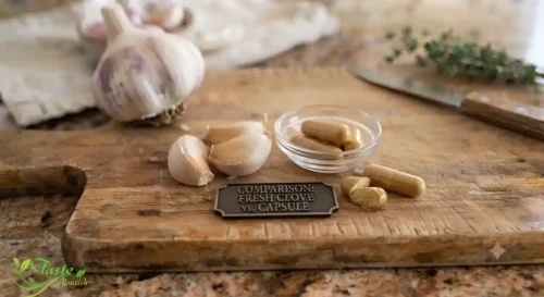 Garlic supplement capsules next to fresh cloves comparing dosage forms