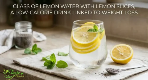 Glass of lemon water with lemon slices, a low-calorie drink linked to weight loss