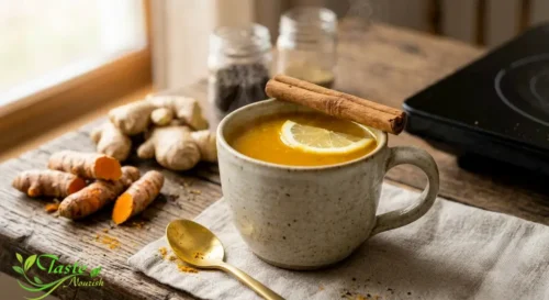 Turmeric Tea Recipe: Golden turmeric tea topped with a cinnamon stick and a lemon