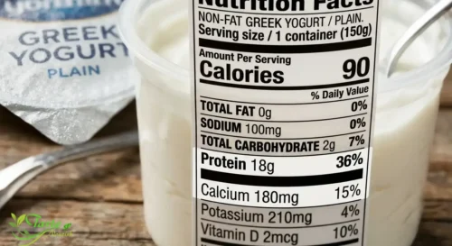 Close-up of a Greek yogurt nutrition label showing protein and calcium content
