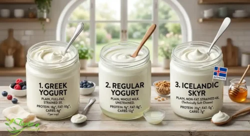 Side-by-side jars comparing Greek yogurt, regular yogurt, and Icelandic skyr