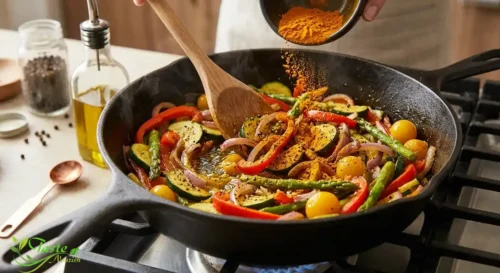 Ground turmeric being stirred into sautéed vegetables with olive oil and black pepper for better absorption