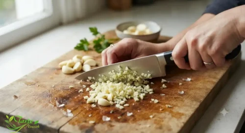 Garlic Nutrition Facts: Hands mincing fresh garlic cloves with a chef's knife