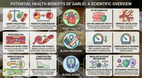 Garlic Calories: Health benefits graphicIcons illustrating garlic's potential heart health, blood pressure, and blood sugar benefits