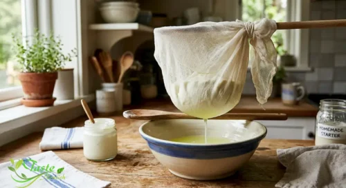 Homemade Greek yogurt being strained through cheesecloth