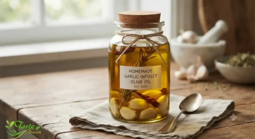 Garlic Side Effects: Homemade garlic-infused olive oil in a glass jar