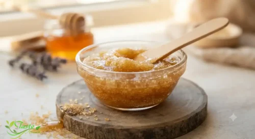 Honey for Lips: Homemade honey and sugar lip scrub in a small glass bowl