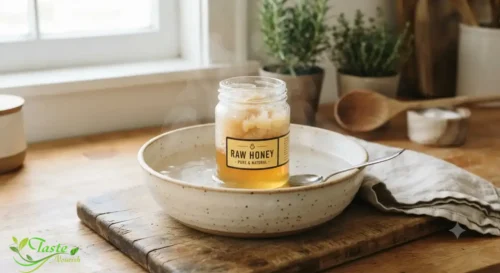 Raw Honey vs. Regular Honey: Honey jar being warmed in a bowl of water to reverse crystallization