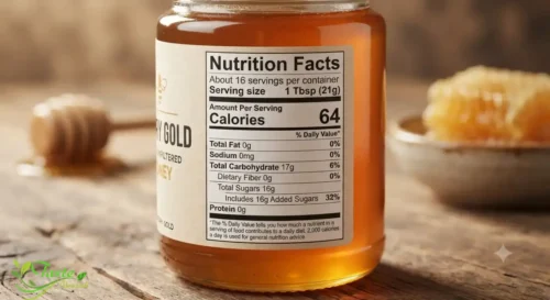 Raw Honey vs. Regular Honey: Honey nutrition facts label showing calories and sugar per tablespoon