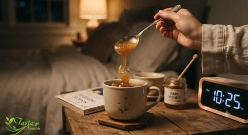 Honey Before Bed: Honey stirred into warm chamomile tea for a bedtime routine