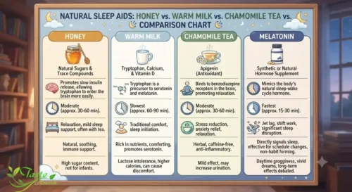 Honey vs. warm milk vs. chamomile tea vs. melatonin comparison chart
