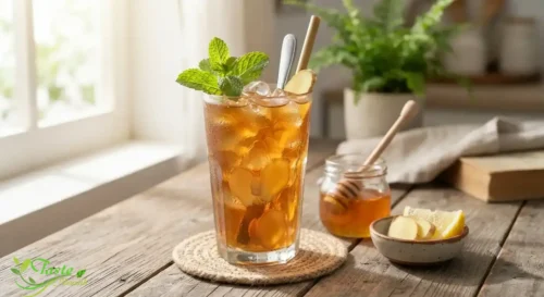 Iced ginger honey tea with mint garnish in a tall glass