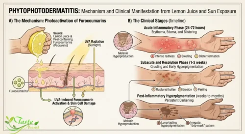 lemon for skin: Illustration of phytophotodermatitis caused by lemon juice and sun exposure