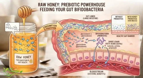 Illustration of raw honey oligosaccharides feeding Bifidobacteria in the gut
