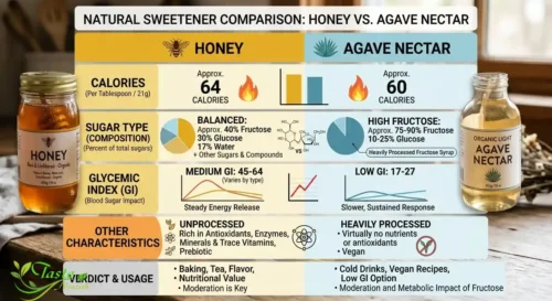 Honey vs Agave Nectar: Infographic comparing calories, sugar type, and glycemic index of honey and agave nectar