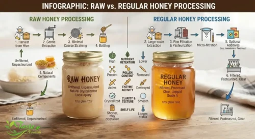 Infographic comparing raw honey and regular honey processing differences