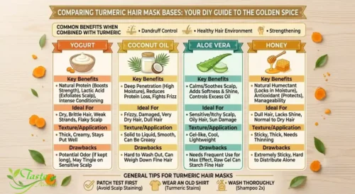 Turmeric for Hair: Infographic comparing turmeric hair mask bases yogurt, coconut oil, aloe vera, and honey