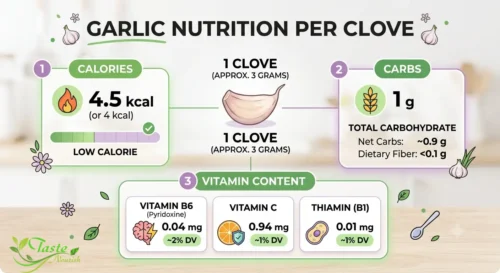 Garlic for Weight Loss: Infographic showing garlic's calories, carbs, and vitamin content per clove