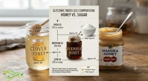Infographic showing glycemic index scale comparing honey types to table sugar