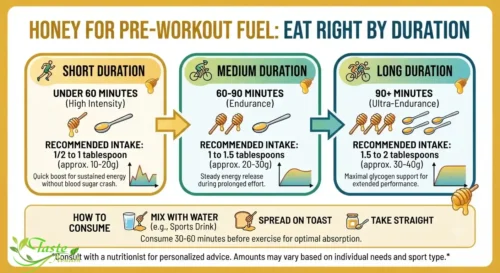 Honey Before Workout: Infographic showing how much honey to eat before a workout by exercise duration