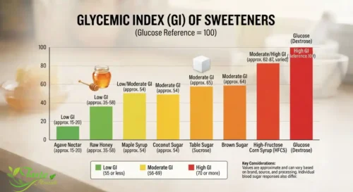 Infographic showing the glycemic index of honey compared to other sweeteners