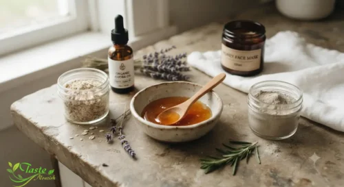 Honey for Skin: Ingredients for a DIY honey face mask on a counter