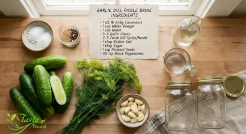 Ingredients for garlic dill pickle brine recipe including cucumbers, vinegar, garlic, and dill