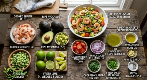 Ingredients for shrimp avocado salad including shrimp, avocado, cucumber