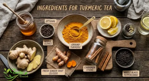 Ingredients for turmeric tea recipe including ground turmeric,