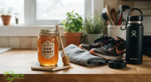 Honey Before Workout: Jar of raw honey with wooden dipper next to workout gear on a kitchen counter
