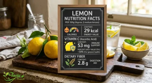 Benefits of Lemon: Lemon nutrition facts chart showing vitamin C, fiber, and calorie content per 100g