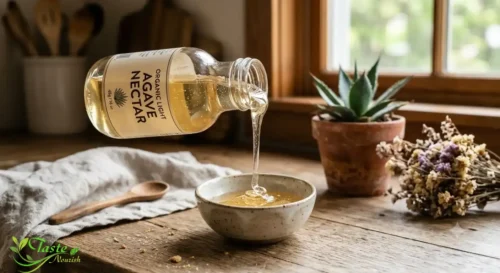 Honey vs Agave Nectar: Light agave nectar syrup pouring from a glass bottle