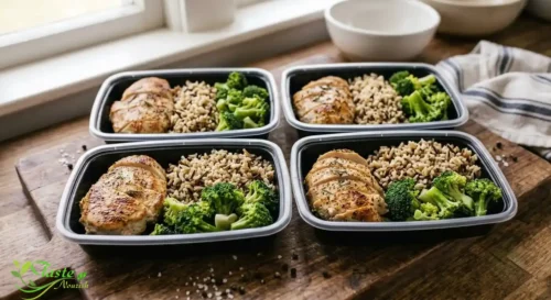 Meal-prep containers with sliced chicken breast, rice, and steamed broccoli