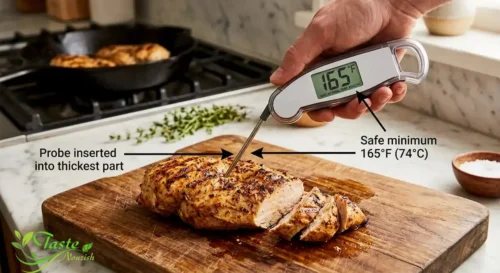 Meat thermometer checking chicken breast for a safe 165°F internal temperature