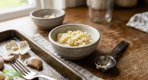 Garlic Calories: Minced garlic in a small bowl beside a measuring tablespoon
