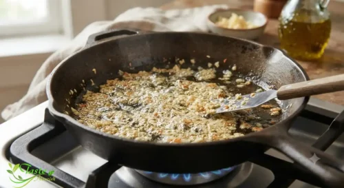 Benefits of Garlic: Minced garlic sautéing in olive oil in a skillet